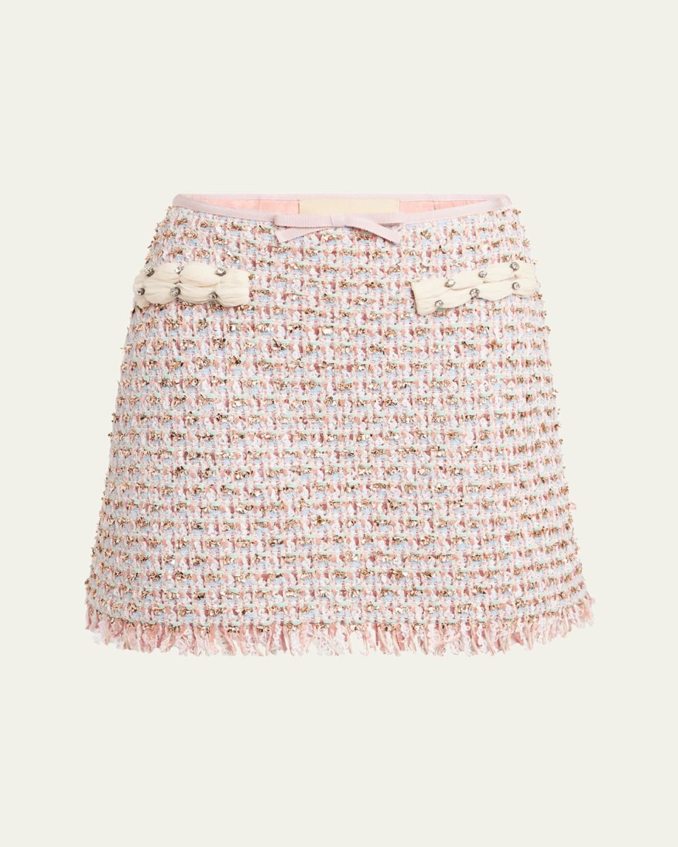 Fringed Ribbon-Trim Tweed Mini Skirt
